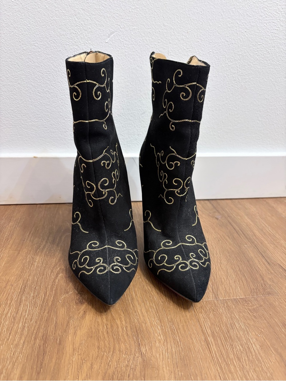 Charlotte Olympia Black Suede Ankle Boots with Gold Embroidery